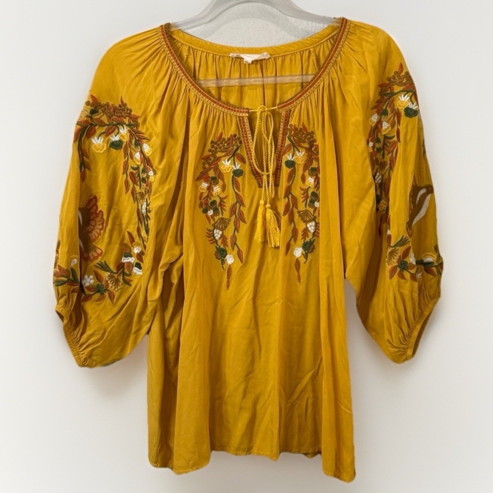 Solitaire Women's XL Embroidered Peasant Top Mustard Yellow Boho Hippie Prairie